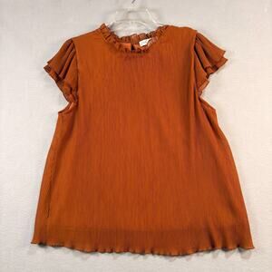 She + Sky Rust Orange Pleated Ruffle Neck Flutter Sleeve Blouse Size Large